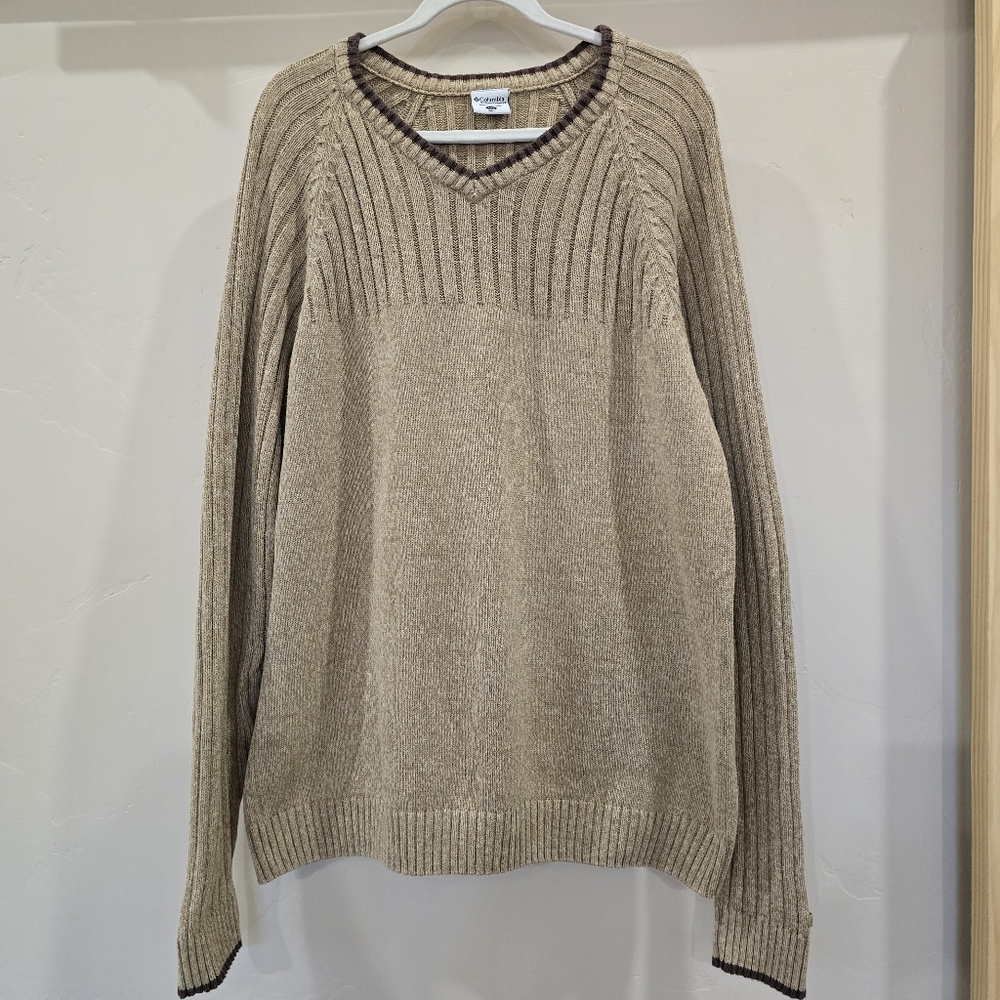 Columbia Mens 2X V Neck Cotton Sweater Long Sleeve Tan Tight Knit Rib
